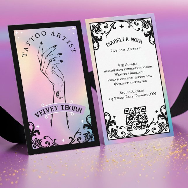 Cartão De Visita Iridescent Holographic Gothic Body Tattoo Artist (Iridescent Holographic Gothic Body Tattoo Artis Business Card)