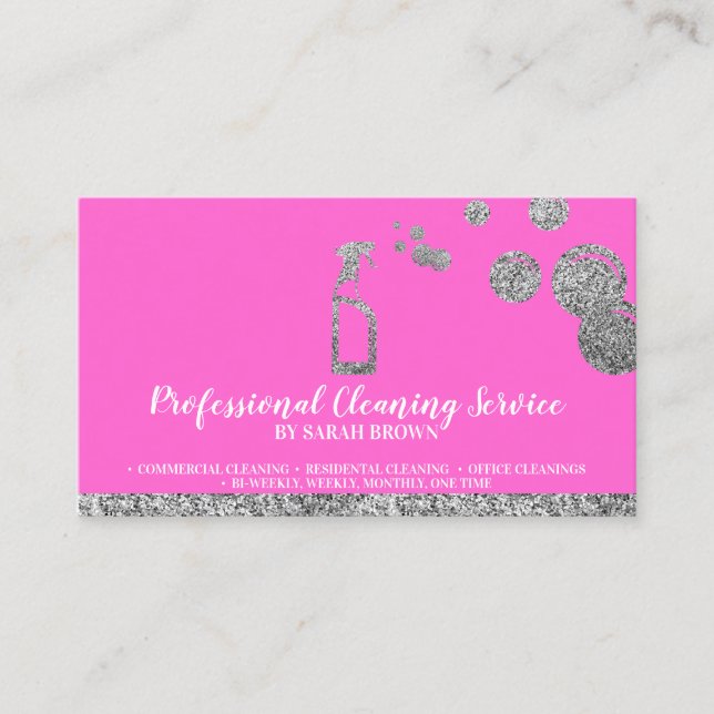 Cartão De Visita Janitorial de Limpeza de Prata Rosa (Frente)
