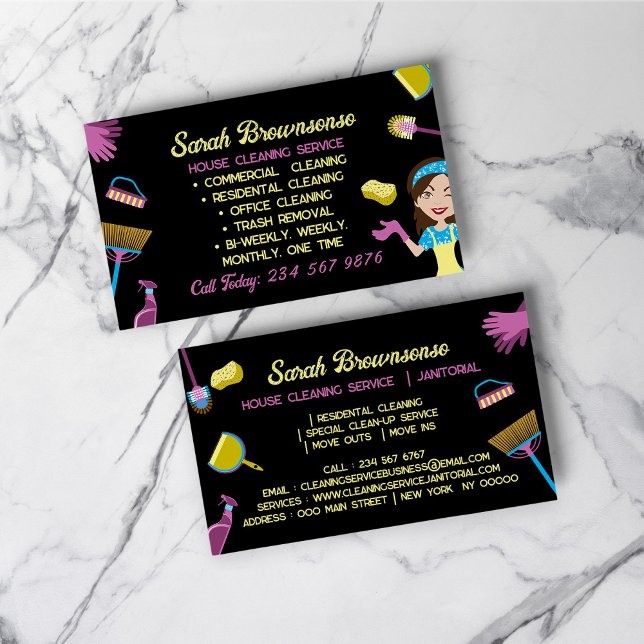 Cartão De Visita Janitorial de limpeza do Agregador Azul-Rosa Preto (Black Blue Pink Housekeeper cleaning Janitorial Business Card)