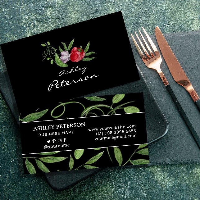 Cartão De Visita Jardim de rega saudável (Watercolor Peas Healthy Square Business Card #foodbusinesscard #chef #vegetables #dark#zazzlemade)