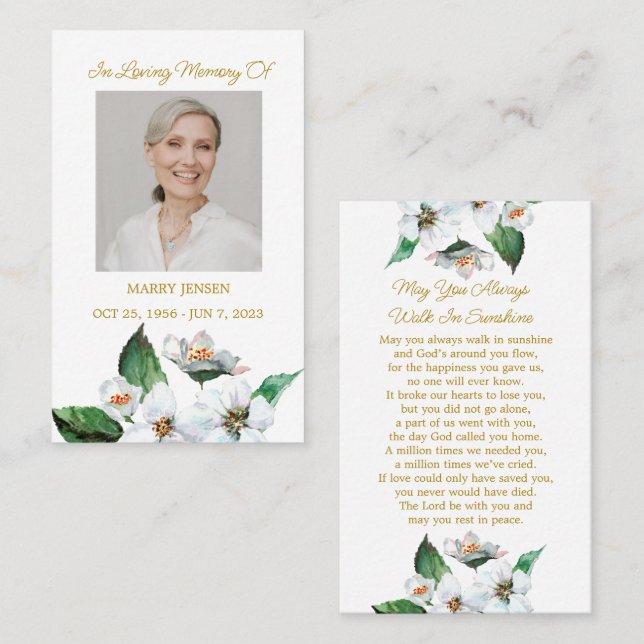 Cartão De Visita Jasmine Memorial Photo Funeral Prayer Card (Frente/Verso)