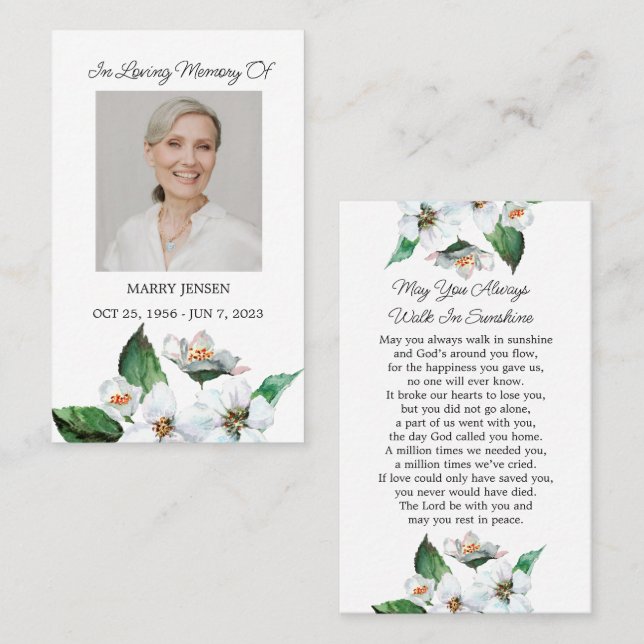 Cartão De Visita Jasmine Memorial Photo Funeral Prayer Card (Frente/Verso)