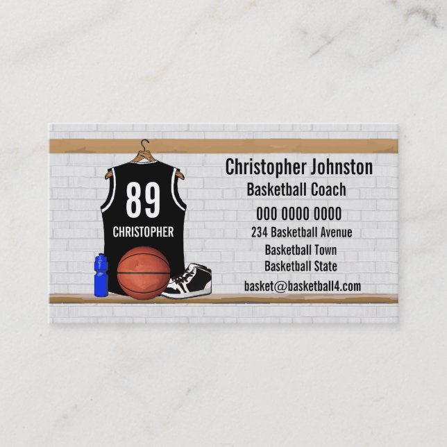 Cartão De Visita Jérsei preto e branco personalizado do basquetebol (Frente)