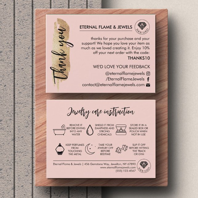 Cartão De Visita Jewelry Care White Chic Script Pink Thank You Card (Criador carregado)