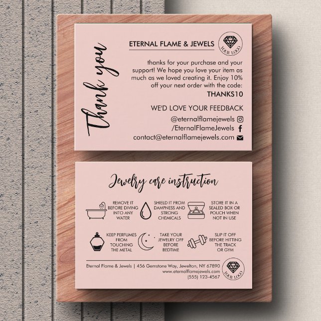 Cartão De Visita Jewelry Care White Chic Script Pink Thank You Card (Criador carregado)