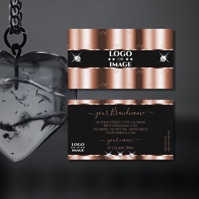 Cartão De Visita Joias Douradas de faíscas pretas luxuosas com Rosa (Criador carregado)