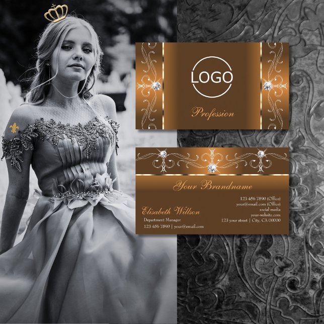 Cartão De Visita Joias laranja e castanho pretas para adicionar log (Criador carregado)