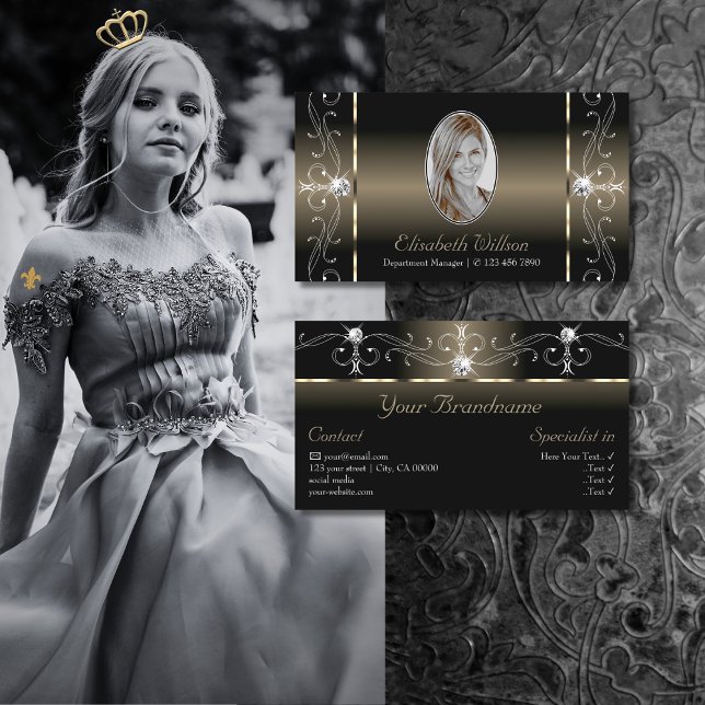 Cartão De Visita Joias pretas beges pretas luxuosas com fotografia (Criador carregado)