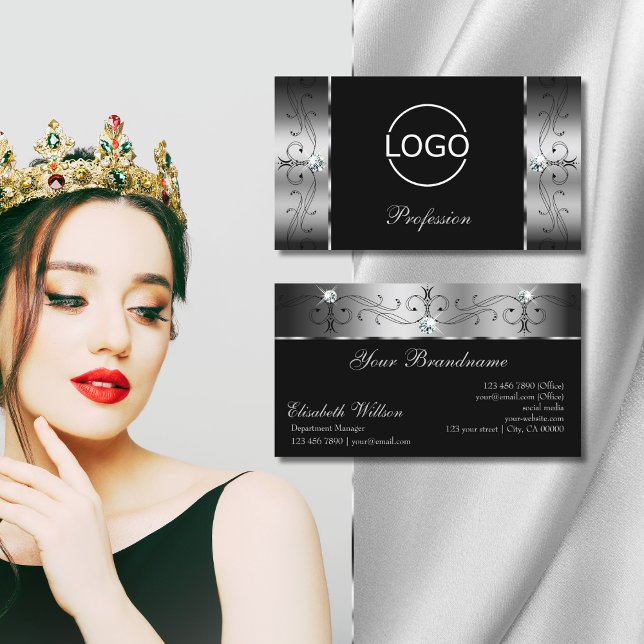 Cartão De Visita Joias pretas pretas prateadas elegantes com logoti (Criador carregado)