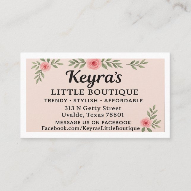 CARTÃO DE VISITA KEYRA'S LITTLE BOUTIQUE IN UVALDE (Frente)