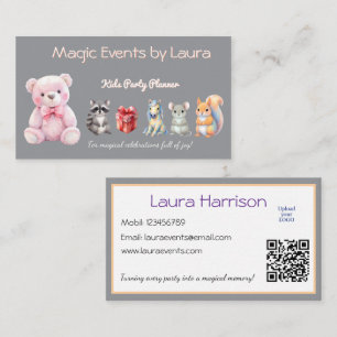 Cartão De Visita Kids Party Planner Pastel Teddy Bear Logotipo QR