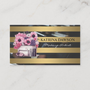 Cartão De Visita Kit de Maquiagem e Flores de Stripes Douradas Chic