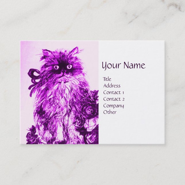 Cartão De Visita KITTEN COM ROSAS, Violeta Roxo e Branco (Frente)