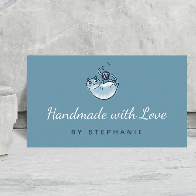 Cartão De Visita Knitting Crotchet de Gato Azul Kraft, feito à mão (Criador carregado)