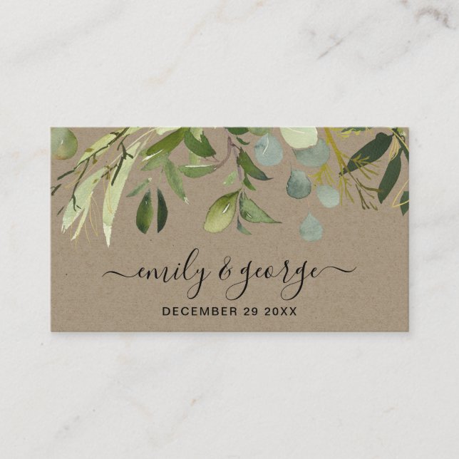CARTÃO DE VISITA KRAFT FOLIAGE WATERCOLOR WEDSITE RSVP (Frente)
