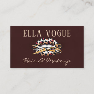Cartão De Visita Lábios Burgundy Elegantes Tesoura Cabelo Maquiagem