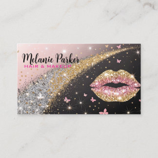 Cartão De Visita Lábios com Brilho Dourado e Rosa Glam