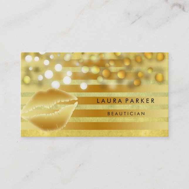 Cartão De Visita Lábios Ouros Dourados Stripes Makeup Artista Beaut (Frente)