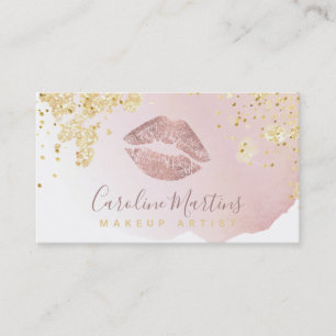 Cartão De Visita lábios rosa dourados borrão aquarela e brilho FAUX
