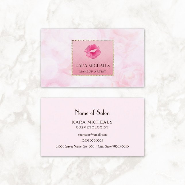 Cartão De Visita Lábios Rosa Elegantes Beija Makeup Artista Rosa Fl (Elegant Pink Lips Kiss Makeup Artist Rose Floral Business Cards)