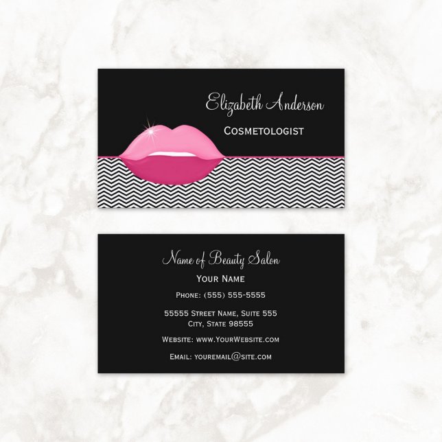 Cartão De Visita Lábios Rosa Girly Chevron Cosmetologista (Girly Pink Lips Chevron Cosmetologist Business Cards)