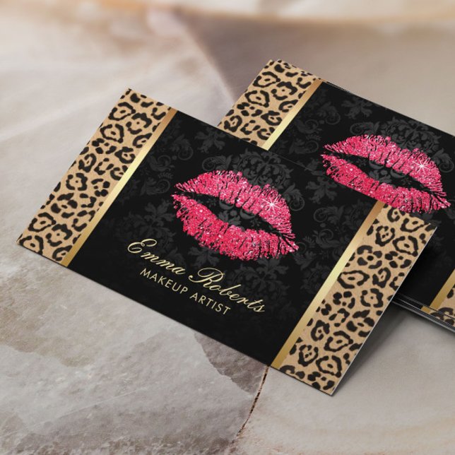 Cartão De Visita Lábios Vermelhos Leopard Damask Makeup Artista (Criador carregado)