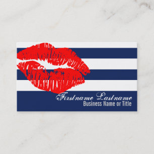 Cartão De Visita Lábios vermelhos no costume azul & branco Bizcard