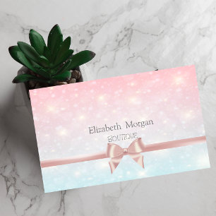 Cartão De Visita Laço Elegante Moderno com Fita Rosa, Bokeh Brilhan
