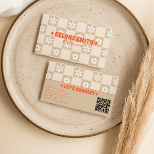 Cartão De Visita Laranja Bege Retro Código QR Xadrez Floral Groovy