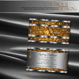 Cartão De Visita Laranja Dourada Brilhante Estrelas Monograma Prata