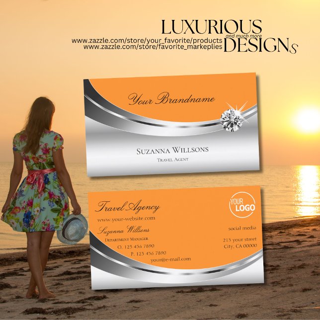 Cartão De Visita Laranja Prateada Moderna com Diamante Espetado de  (Criador carregado)