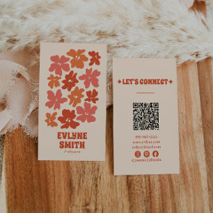 Cartão De Visita Laranja Queimada Código QR Groovy Floral Terracott