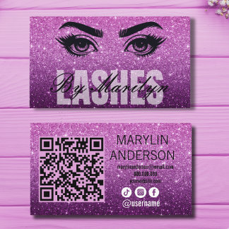 Cartão De Visita Lash de Ombre de Glitter Roxo com Código QR