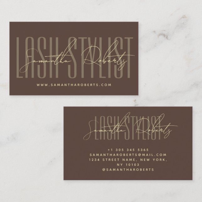 Cartão De Visita Lash stylist modern typography script brown (Frente/Verso)