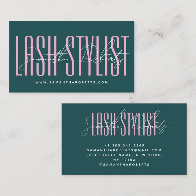 Cartão De Visita Lash stylist modern typography script green pink (Frente/Verso)