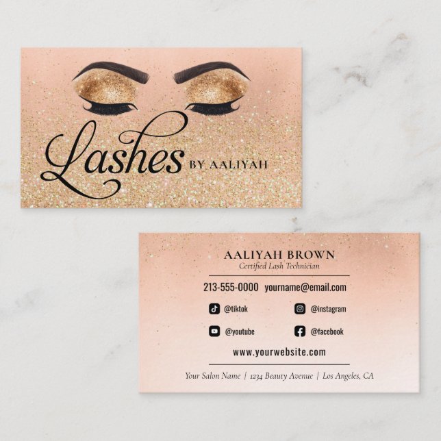 Cartão De Visita Lash Tech Dourado Glam Glitter Olhos Bons Salão (Frente/Verso)