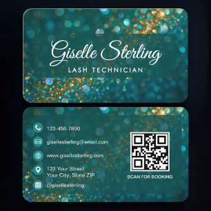 Cartão De Visita Lash Tech Verde Dourado Código QR Profissional