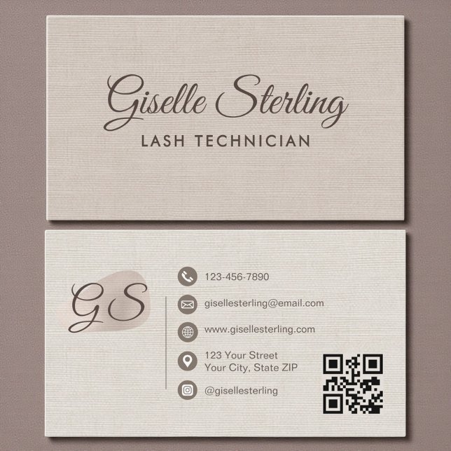 Cartão De Visita Lash Technician Beige Linen Modern Elegant QR Code (Criador carregado)