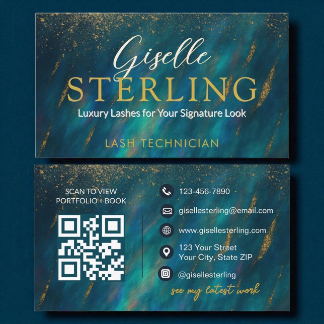 Cartão De Visita Lash Technician Dark Opal Glam Modern QR Code (Criador carregado)