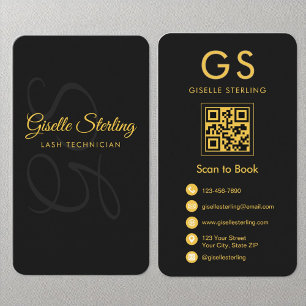 Cartão De Visita Lash Technician Monograma Black Dourado Código QR 