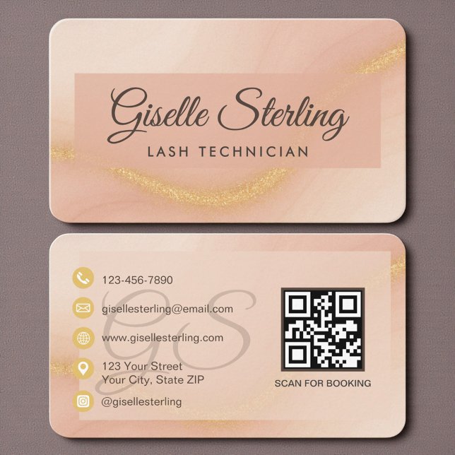 Cartão De Visita Lash Technician Neutral Beige Gold QR Code (Criador carregado)