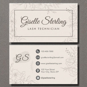 Cartão De Visita Lash Technician Neutral Ivory Floral Elegante