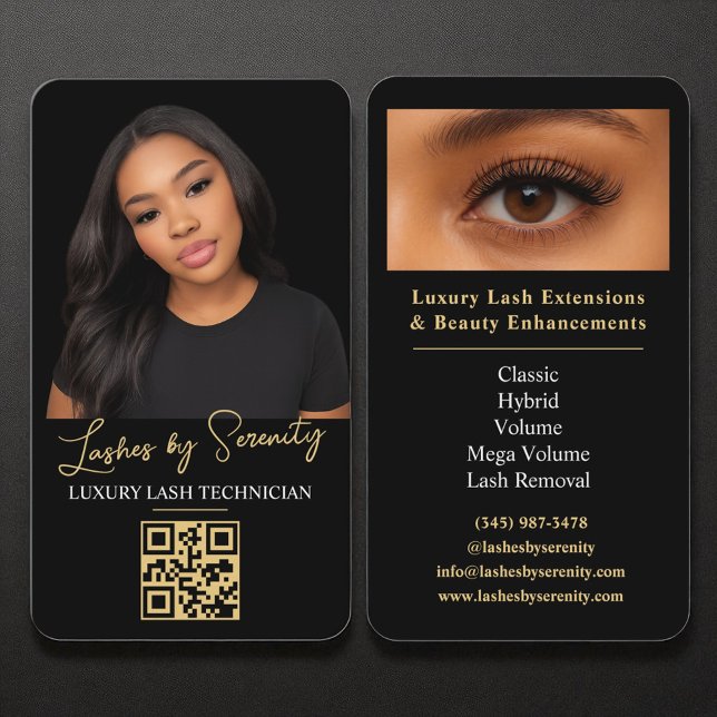 Cartão De Visita Lash Technician QR Code Black Dourado Luxury Beaut (Criador carregado)
