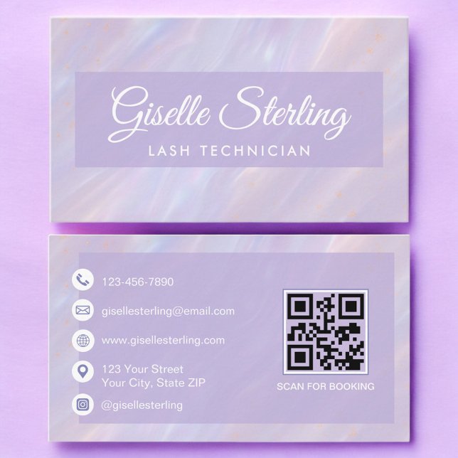 Cartão De Visita Lash Technician QR Code Pastel Opal Holographic (Criador carregado)