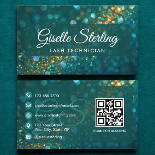 Cartão De Visita Lash Technician Teal Dourado Glitter Código QR Lux