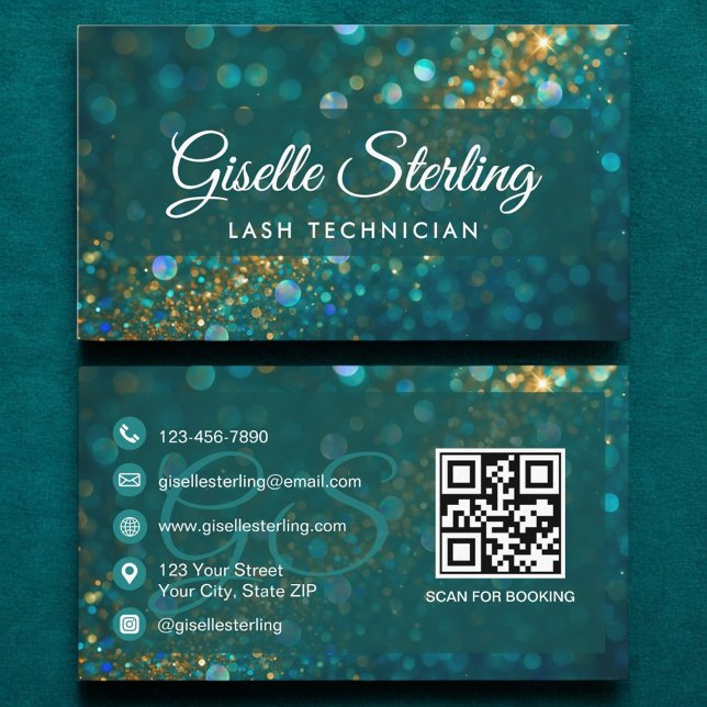 Cartão De Visita Lash Technician Teal Dourado Glitter Código QR Lux (Criador carregado)