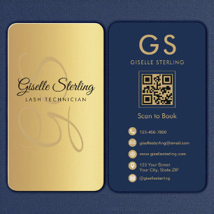 Cartão De Visita Lash Técnico Dourado Marinho Azul Código QR Monogr