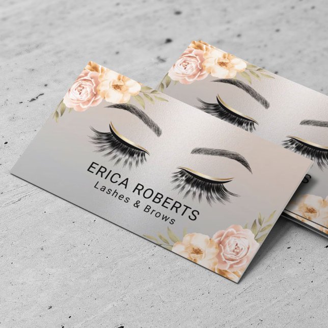 Cartão De Visita Lashes & Brows Beauty Salon Modern Silver Floral (Criador carregado)