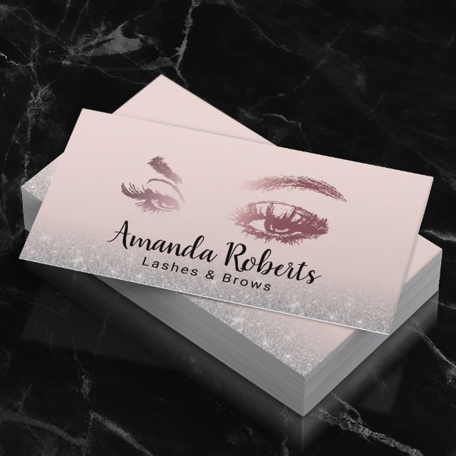 Cartão De Visita Lashes & Brows Makeup Artista Prata Rosa Glitter (Criador carregado)