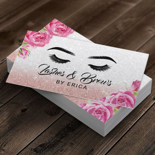 Cartão De Visita Lashes & Brows Makeup Artista Silver Glitter Flora (Criador carregado)